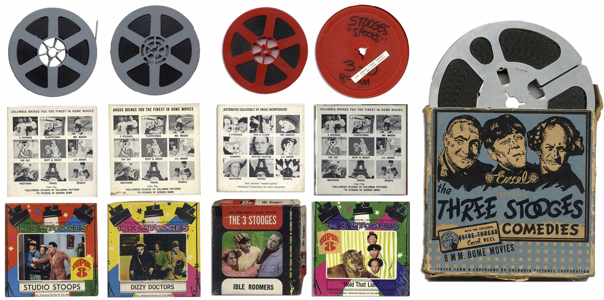 6 Three Stooges Films on 8mm With Rare ''All Hashed Up'' From 1944 -- Plus ''Dizzy Doctors'', ''Idle Roomers'', ''Hold That Lion'', ''Studio Stoops'' & ''Spooks'', Which Lacks Case, Else Very Good